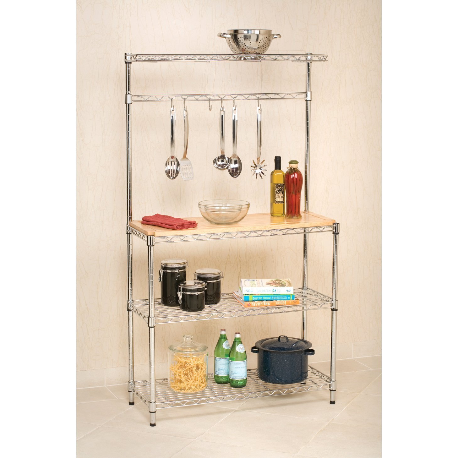 Quick Delivery 4-Tier Bakers Rack Storage Rack Microwave Oven Stand with Hanging Hooks Chrome