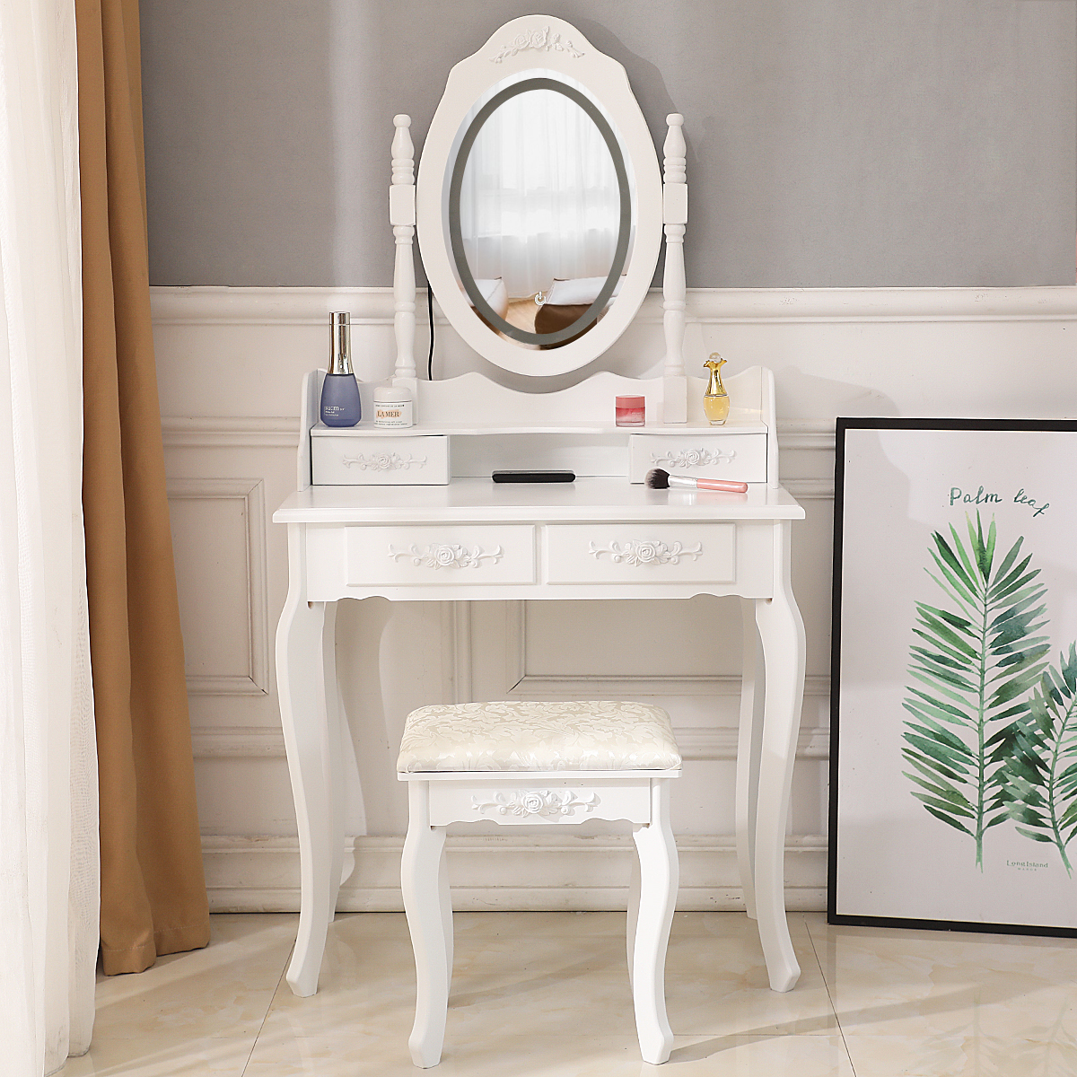 Details about White Makeup Vanity Table Set with Lights Led Mirror and 4 Drawers Dressing Desk