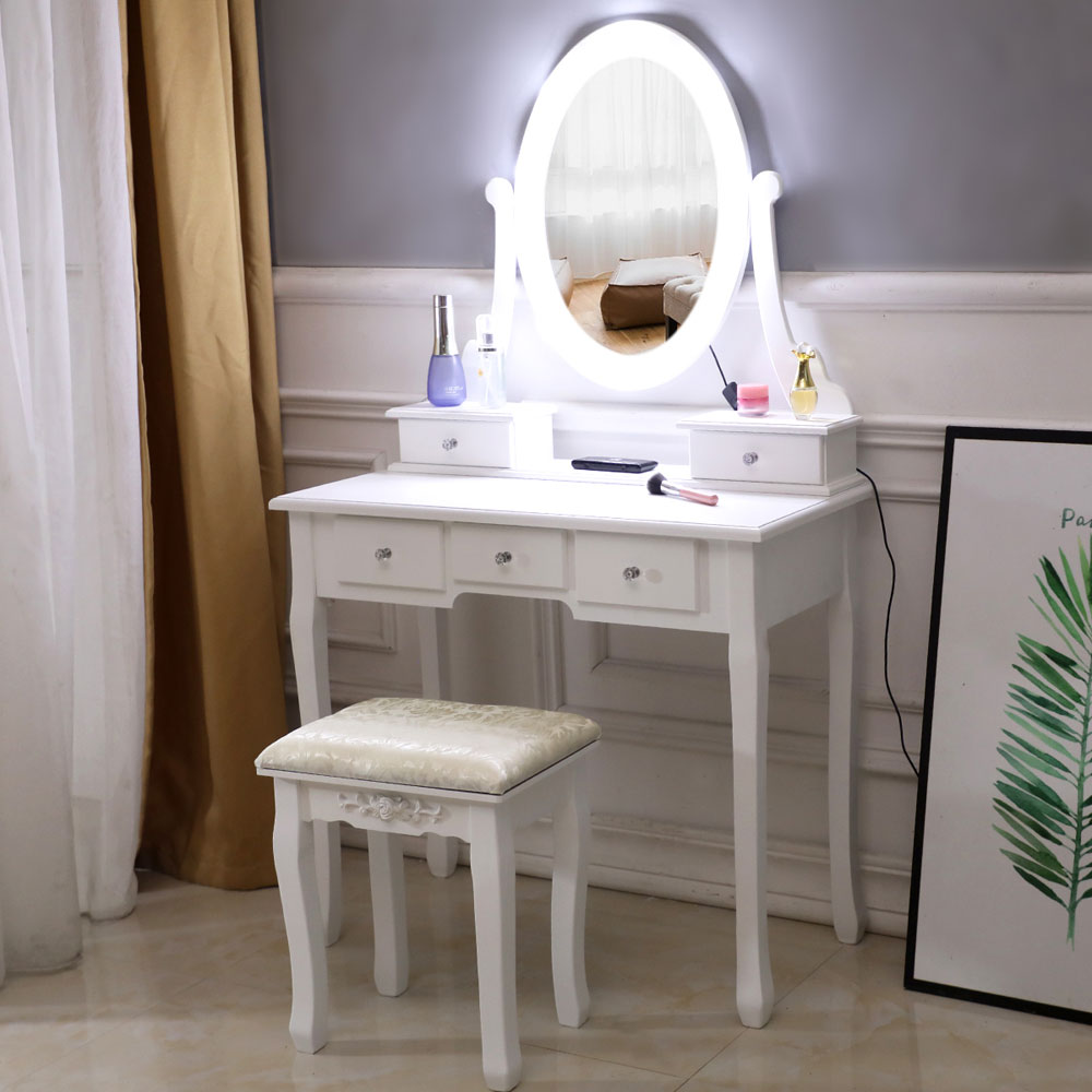 White Makeup Vanity Table Set with 10 Lights Mirror and 5 Drawers